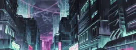 A futuristic cyberpunk cityscape at night, with glowing neon lights in shades of pink, blue, and green reflecting off wet streets. Shadowy figures holding umbrellas walk along the rain-soaked road, flanked by towering buildings connected by faint energy streams in the background.